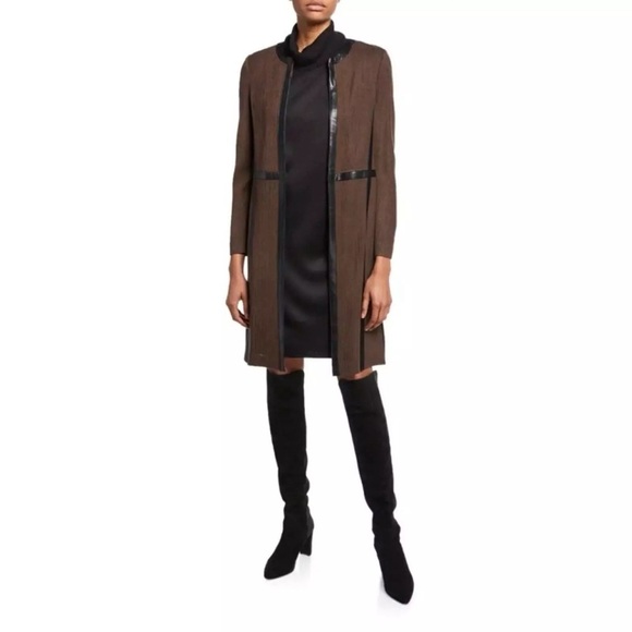 Misook‎ Heritage Fit Faux Leather Trim Size Medium Long Cardigan Dark Academia - Picture 1 of 14
